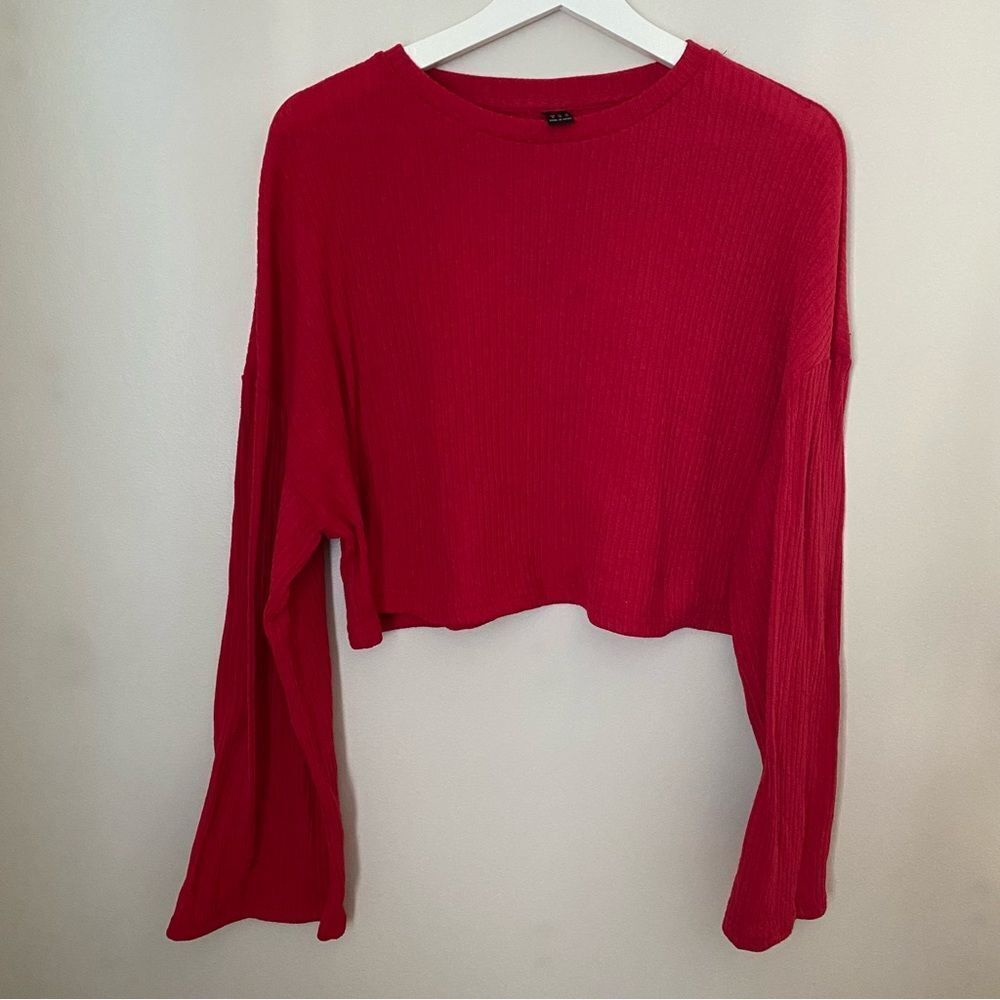 Shein Blouse Top Long Wide Bell Sleeve Red Ribbed Cropped Neutral Solid Casual